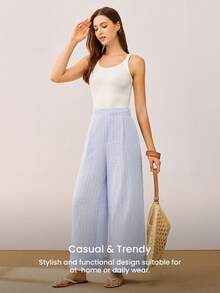 LUVLETTE Women's Blue Striped Linen Sleep Pants, Casual Wide Leg Pants With Pockets. - Blue - View 2