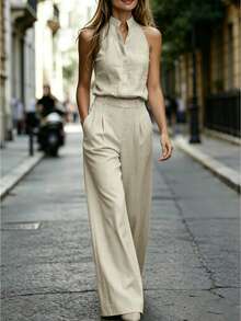 SHEIN 2pcs/Set Summer Minimalist Solid Color Notch Neck Sleeveless Tank Top And Pants - Apricot - View 6