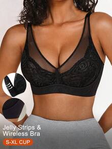 SHEIN 1pc Women Wirefree Soild Color Deep V Neck Lace & Mesh Patchwork,No Padding Detachable Multi-Strap Wearing Style Bra - Black - View 3