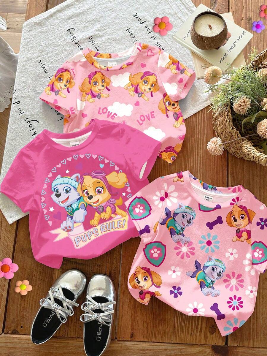 SHEIN | PAW Patrol 少女簡約休閒寬鬆落肩三件套短袖T恤,適合春夏,可愛精美圖案印花,可愛斯凱、美麗艾佛瑞斯特、彩色條紋圖案印花、經典迷彩背景圖案印花 - 彩色 - 查看 1