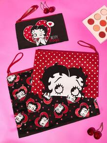Betty Boop x SHEIN 1個/3個組卡通圖案印花輕量聚酯纖維化妝包，適合存放化妝品、文具、日常用品、數位產品，非常適合通勤、上學、旅行，適合男士、女士、學生、朋友，充滿愛意、俏皮、可愛，Betty娃娃 - 黑紅色 - 查看 3