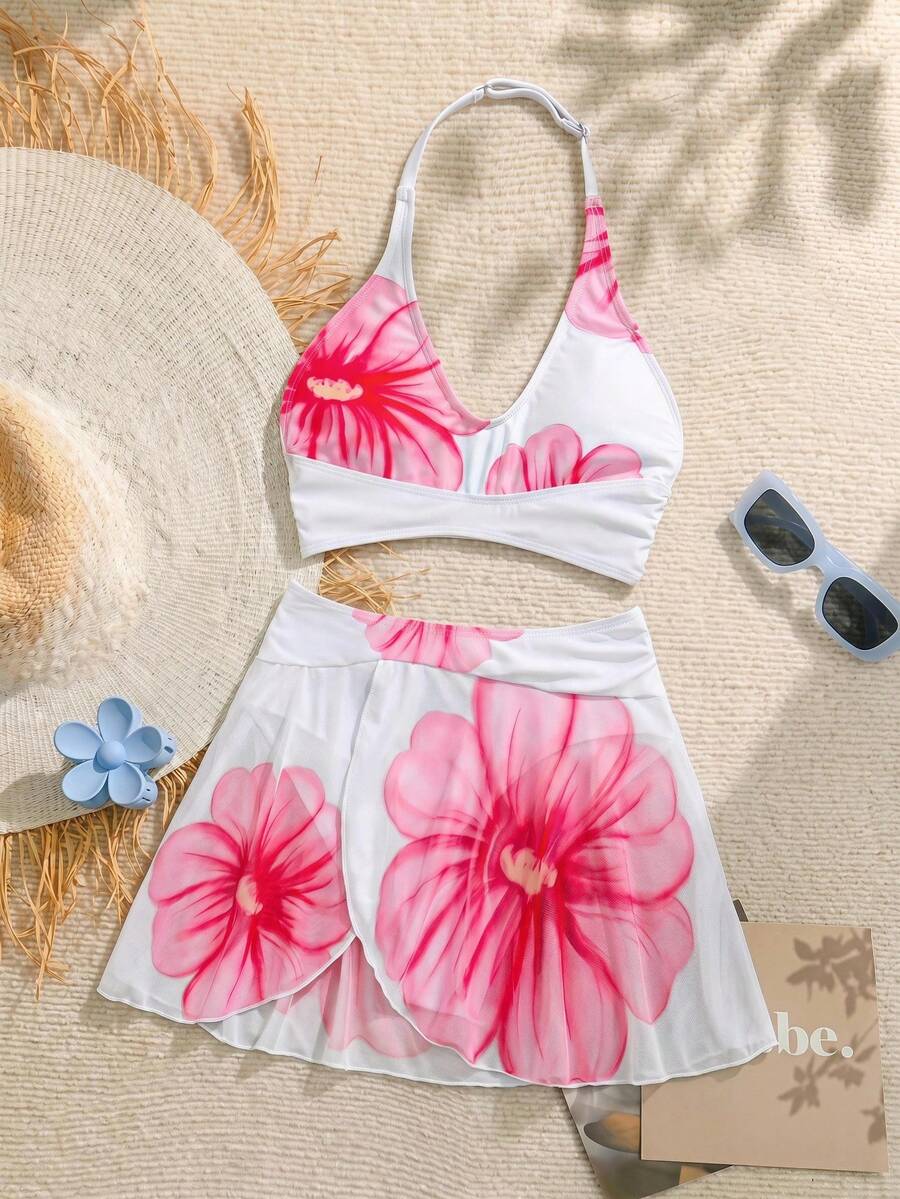 SHEIN 少女花卉印花掛脖式泳衣套裝,適合海灘度假 - 彩色 - 查看 1