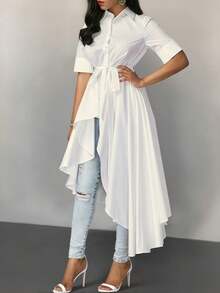 SHEIN Unity Long Length Casual Women Shirt With Draped Design - White - View 4