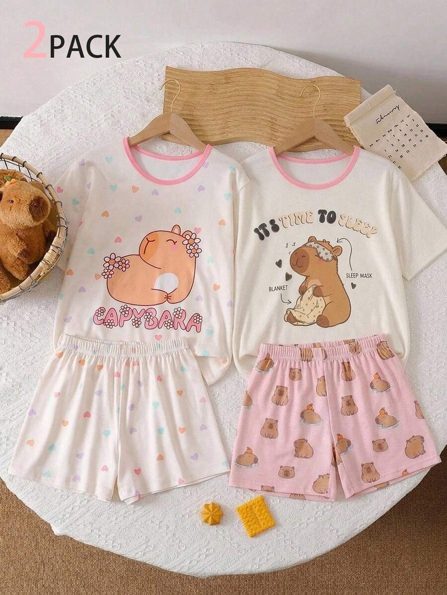Conjunto de pijama divertido con estampado de corazón y carpincho para niña preadolescente, 2 piezas - Albaricoque - Ver 1