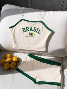 Girls Y2K Back To School Beach Summer Yellow White Set /Set - Apricot - View 6