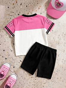 THE POWERPUFF GIRLS X SHEIN GraphicGems 女婴卡通数字印花圆领短袖T恤和短裤休闲日常套装 - 彩色 - 查看 2