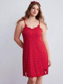 Elorette Heart-Print Red Dress Plus Size Women Knitted Ribbed Red Heart Print Contrast Lace Bow Cute Sleepwear Slip Dress, Suitable For Holidays And Celebrations Red Night Dress - Red - View 5