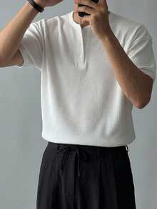DAZY 短袖亨利領通勤男士夏季素色T恤 - 白色 - 查看 7