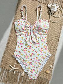 Swim Mod 春夏新款一件式比基尼泳衣，新年無肩帶性感可愛甜美紋理面料蕾絲海灘度假風一件式泳裝 - 杏色 - 查看 2