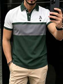 Manfinity Dauomo Men's Letter Print Colorblock Casual Versatile Daily Travel Short Sleeve T-Shirt - Army Green - View 4