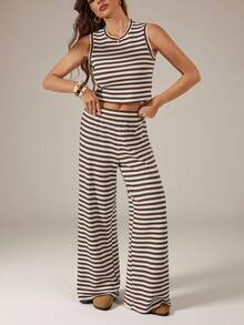SHEIN Tall 2pcs/Set Women Striped Camisole And Pants, Casual Summer Outfit - Multicolor - View 7