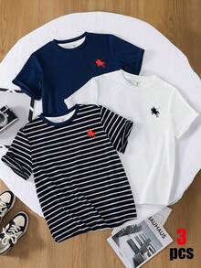 Conjunto de 3 piezas de camiseta para niño pequeño, adecuado para primavera y verano, estampado de rayas vintage clásico, estampado de patrón de caballero con logotipo clásico y exquisito - Multicolor - Ver 1