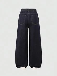 SHEIN 青少年女孩牛仔寬腿褲 1件，復古休閒學院風，簡約百搭穿搭推薦，復古水洗磨損藍色牛仔，彈性腰頭舒適穿著，鈕扣門襟方便穿脫，寬鬆版型修飾顯腿長，適合居家日常、外出、購物、海灘度假散步、日常學院風穿搭，或朋友聚會派對，極佳選擇，可搭配衣櫥中大多數上衣，四季皆宜的百搭時尚單品 - 深色水洗藍 - 查看 2