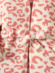SHEIN 女童豹紋保暖內裡加厚毛絨連帽長袖繫帶家居睡袍 秋冬款 - 彩色 - 查看 3