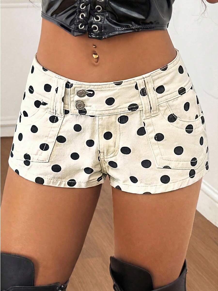 StreetHx Black White Polka Dot Stretch Denim Mini Shorts Vacation Summer Street Wear 90s Inspired Y2k Night - Beige - View 1