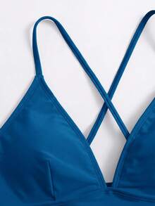 Swim Basics 女款素色極簡日常交叉設計泳衣上衣 - 水鴨藍 - 查看 5