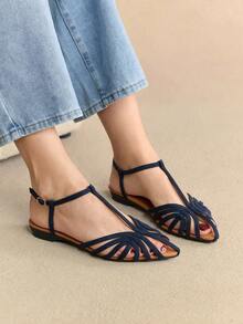 Rosivie Sandalias planas con punta azul marino para mujer, diseño hueco con banda en T con efecto escarcha, tacón bajo cómodo, estilo retro para verano, playa y uso diario - Agua verde azul - Ver 3