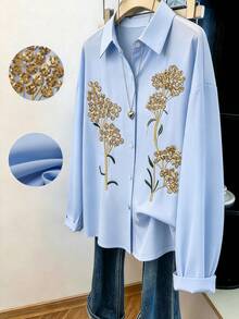 GlowEve CURVE Plus Size Women's Casual Commuter Style Sequin Floral Embroidered Solid Color Blouse, Suitable For Daily Commute And Everyday Wear - Blue - View 1