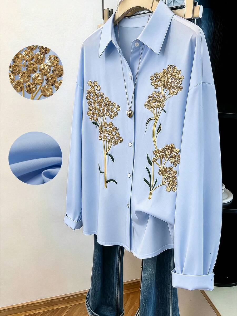 GlowEve CURVE Plus Size Women's Casual Commuter Style Sequin Floral Embroidered Solid Color Blouse, Suitable For Daily Commute And Everyday Wear - Blue - View 1