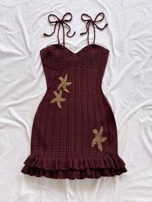 Soleia Vestido de suéter con cuello halter, doble volante y decoración de estrella de mar en color marrón, talla grande, adecuado para vacaciones, citas, tardes de té, playa, cruceros, vacaciones en la ciudad, temporada de bodas, festivales de música, vacaciones bohemias - Marrón - Ver 6