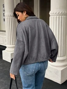 Easura Chaqueta casual de unicolor para primavera/otoño de talla grande - Gris Oscuro - Ver 2