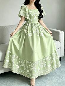 Modelyn 龜背葉、椰子樹、散落棕櫚葉植物、小花植物淺褐色剪影圖案印花女款優雅洋裝，女裝時尚方領大荷葉袖設計短袖洋裝，裙襬荷葉邊設計，夏季度假風洋裝 - 彩色 - 查看 4