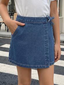DAZY Tween Girl Side Knot Casual Denim Skirt Summer - Blue - View 4