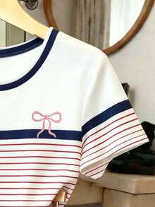1 Set Tween Girls Casual Comfortable Fashion Minimalist Striped Bow Print T-Shirt And Shorts Outfit, Summer Suitable For Outings, Colorblock Striped Set - Multicolor - View 3