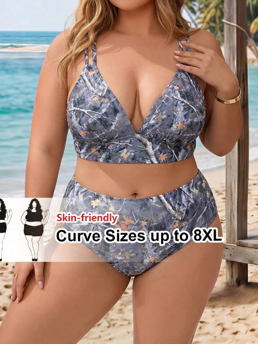 SHEIN CURVE+ 大尺碼夏季度假枝條印花比基尼套裝 - 彩色 - 查看 1