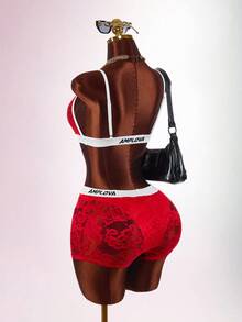 Amplova Women's Sexy 2pcs Set Contrast Lace Cropped Camisole Top And Shorts Club Night Red Summer - Multicolor - View 2