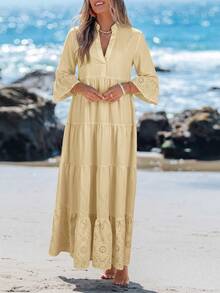 Sylviya Casual Women's Summer V-Neck Yellow Beach Dress - Apricot - View 6