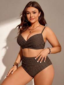 Swim Chiccia 大尺碼女款兩件式純色聚攏胸部時尚極簡分體泳衣度假套裝 - 棕色 - 查看 3