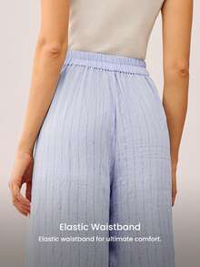 LUVLETTE Women's Blue Striped Linen Sleep Pants, Casual Wide Leg Pants With Pockets. - Blue - View 10