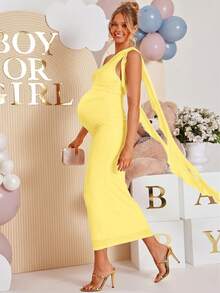 Loomaby Maternity Solid Color Asymmetric Neck Fitted Elegant Dress - Yellow - View 3