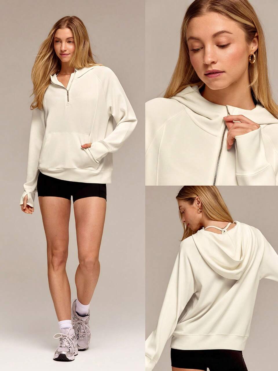 Modal Silk Touch Oversized Long Sleeve Half-Zip Hoodie  Spring Summer