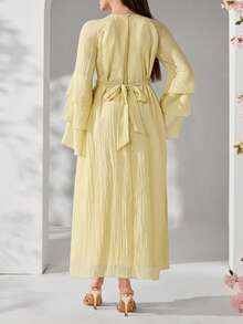 Solavon Plus Size Women's Gentle Elegant Modest Traditional French Style Pleated Textured Ruffle Waist Dress Wedding Formal Butter Yellow Autumn - Yellow - View 2