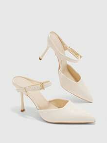 CUCCOO BIZCHIC Women's Spring And Summer New Simple Metal Buckle Pointed High Heels White Back Thin Heel Sandals Commuter Versatile Model - White - View 6