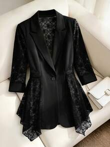 Lacomfia Blazer Ukuran Besar Elegan Warna Polos dengan Hiasan Renda - Hitam - View 3