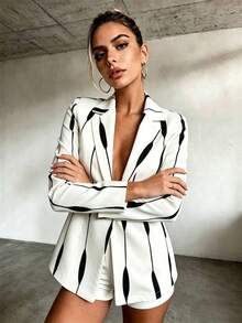 Lumivelle Fashionable Elegant Casual Commuter Office Night Out Black And White Checkered Blazer Autumn - Black and White - View 4