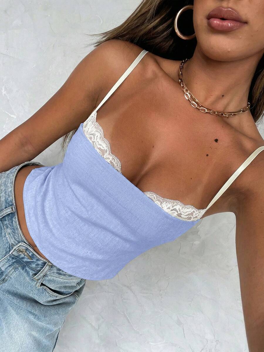 SHEIN BAE 女款夏季優雅浪漫性感淺藍色蕾絲細肩帶背心,適合外出、度假、夜晚約會、夜店派對、萬聖節 - 淺藍色 - 查看 1