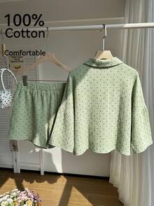 Comfortcana 春夏鼠尾草綠舒適亞麻襯衫與短褲休閒可愛90年代度假大尺碼兩件套休假正式居家穿著 - 綠色 - 查看 2