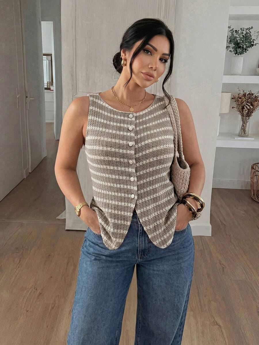 Lounesse Plus Size Women Summer Contrast Stripe Print Single-Breasted Sleeveless Knitted Top,White Sequence,Summer,Smart Casual,Everyday Fashionable Vest Top - Multicolor - View 1