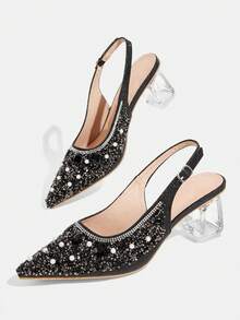 CUCCOO TILAWA Women's Crystal Heel Glass Rhinestone Pointed Toe Pink High Heel Pumps, Suitable For Outings, Banquets, Parties And Other Events - Graphite Black - View 6