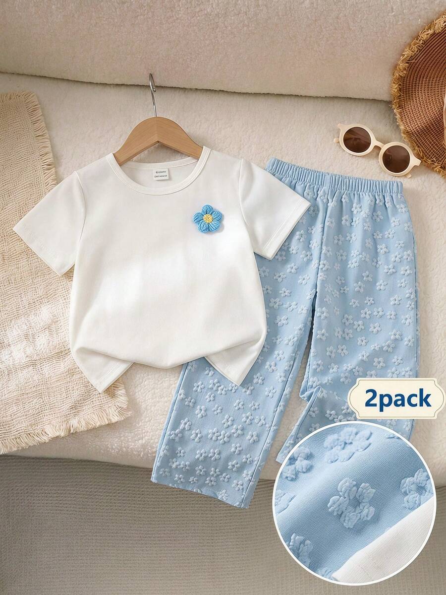 SHEIN Playful Pals 2件組少女可愛時尚Y2K 3D花朵軟綿短袖上衣褲套裝 夏季海灘日常穿搭服飾 - 彩色 - 查看 1
