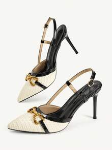 CUCCOO CHICEST Temperament Commuter Pointed Toe Shoes, Metal Buckle Color Matching Woven Closed Toe Sandals, Versatile Stiletto Women's Shoes - Black - View 9