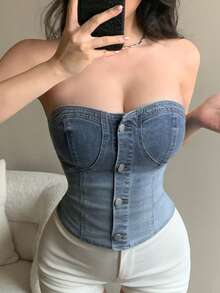 DAZY Distressed Denim Cropped Camisole Top For Women, Spring & Summer Tube Tops - Blue - View 9
