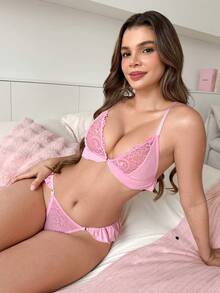 PetitDoll Set Pakaian Dalam Wanita Nyaman dengan Renda Kontras - Berwarna merah muda - View 4
