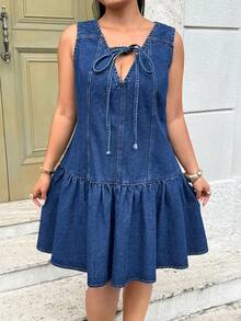 Rivivi Summer New Sleeveless Tie-Front Plus Size Denim Dress - Blue - View 5
