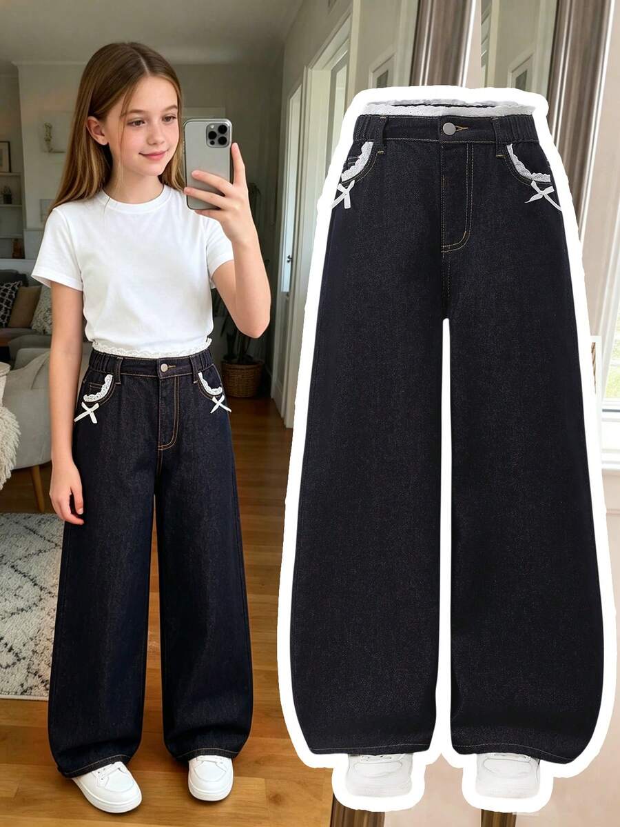 SHEIN 青少年女孩新款休閒復古時尚個性化前綴破洞開衩石洗黑拼接3D蝴蝶結寬腿修身百搭四季藍色牛仔褲 - 藍色 - 查看 1