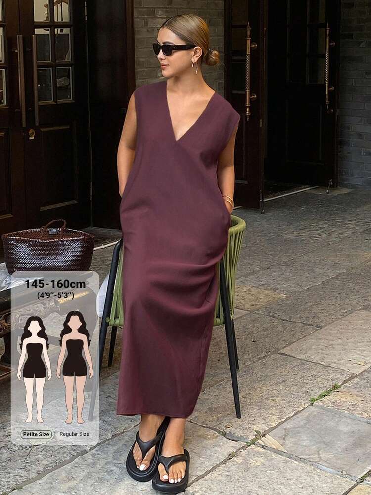 Livesso Petite Women's Solid Color V-Neck Sleeveless Pocket Casual Minimalist Midi Dress, Petite Summer Brunch Vacation Burgundy
